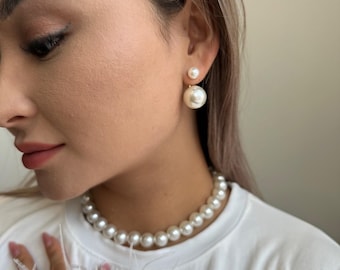 Double-Pearl Earrings Oversized Pearl Earrings Dainty Stud Earrings Freshwater Pearl Dangle Earrings Wedding Bridal Earrings Bridesmaid Gift