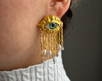 Evil Eye Protection Earrings Handmade Boho Jewelry Eye Design Pearl Earrings  Spiritual Gift for Her Unique Statement Earrings