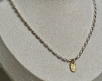 925 sterling silver Necklace With Gold Oval Pendant And Engraved Love Two-tone Jewelry Minimalist Necklace Dainty Gold Necklace Gift For Her