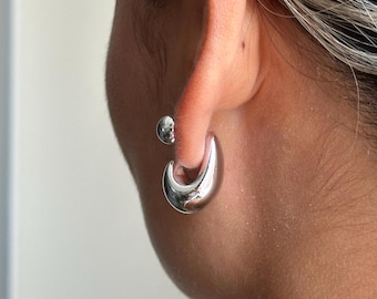 Silver Chunky Hoop Earrings Thick Bold Statement Oval Hoops Silver Stud Drop Earrings Gift for Her Chubby Round Hoop Earrings