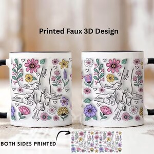 Personalized floral kids hands mug with custom names and grandma title, hand-holding illustration and flowers.