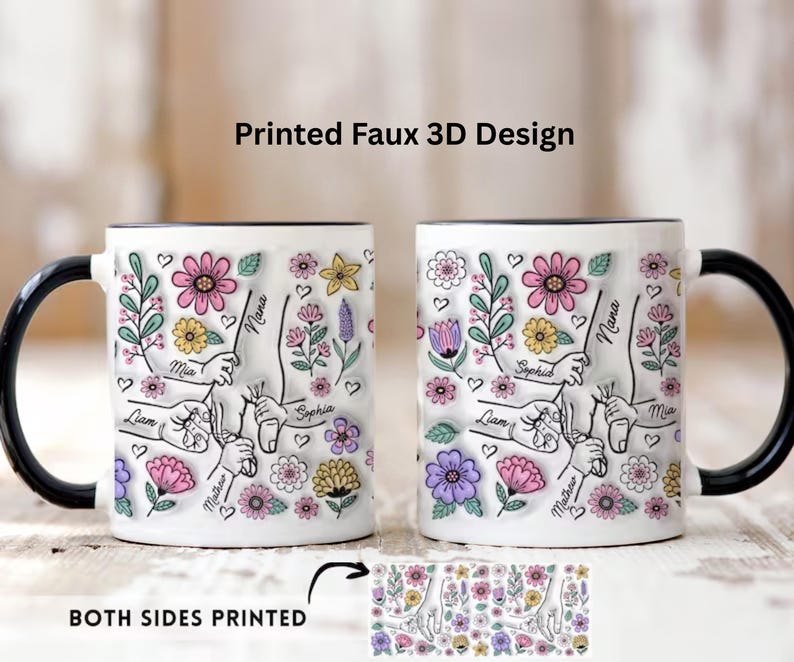 Personalized floral kids hands mug with custom names and grandma title, hand-holding illustration and flowers.