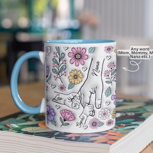 Personalized floral kids hands mug with custom names and grandma title, hand-holding illustration and flowers.