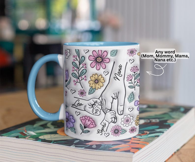 Personalized floral kids hands mug with custom names and grandma title, hand-holding illustration and flowers.