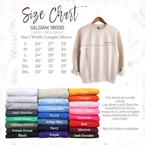 Peut inclure: Un tableau des tailles pour un sweat-shirt unisexe Gildan 18000, avec des mesures en pouces pour les tailles S &agrave; 3XL. Le tableau comprend les mesures de la largeur, de la longueur et des manches. Des &eacute;chantillons de couleurs sont affich&eacute;s.