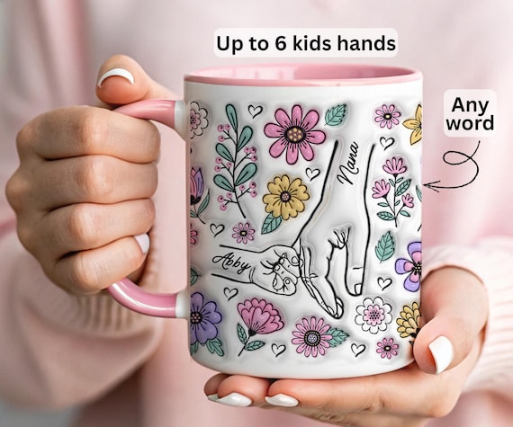 Custom Kids Hands Mug, Personalized Grandma Mug with Kids Names, Floral Hand Holding Mug, Mothers Day Gift for Nana Mom Mimi