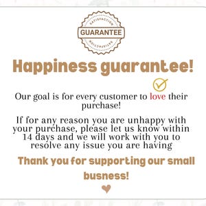Peut inclure: Une carte blanche avec le texte "Garantie de bonheur !" et "Notre objectif est que chaque client aime son achat !" Un sceau dor&eacute; avec les mots "Satisfaction Garantie" est en haut. Le texte dit aussi "Merci de soutenir notre petite entreprise !"