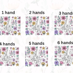 May include: Six square designs showing line art hands holding each other, with colourful flowers and the text "1 hand", "2 hands", "3 hands", "4 hands", "5 hands", and "6 hands". The flowers are in pink, yellow, and purple.