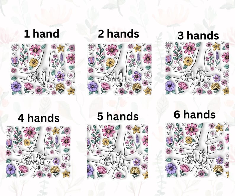 May include: Six square designs showing line art hands holding each other, with colourful flowers and the text "1 hand", "2 hands", "3 hands", "4 hands", "5 hands", and "6 hands". The flowers are in pink, yellow, and purple.