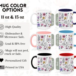 May include: Selection of ceramic mugs in various colours, including white, navy, pink, light blue, black, and red. Each mug features a floral design and is available in 325 ml and 444 ml sizes. The mugs are dishwasher and microwave safe.