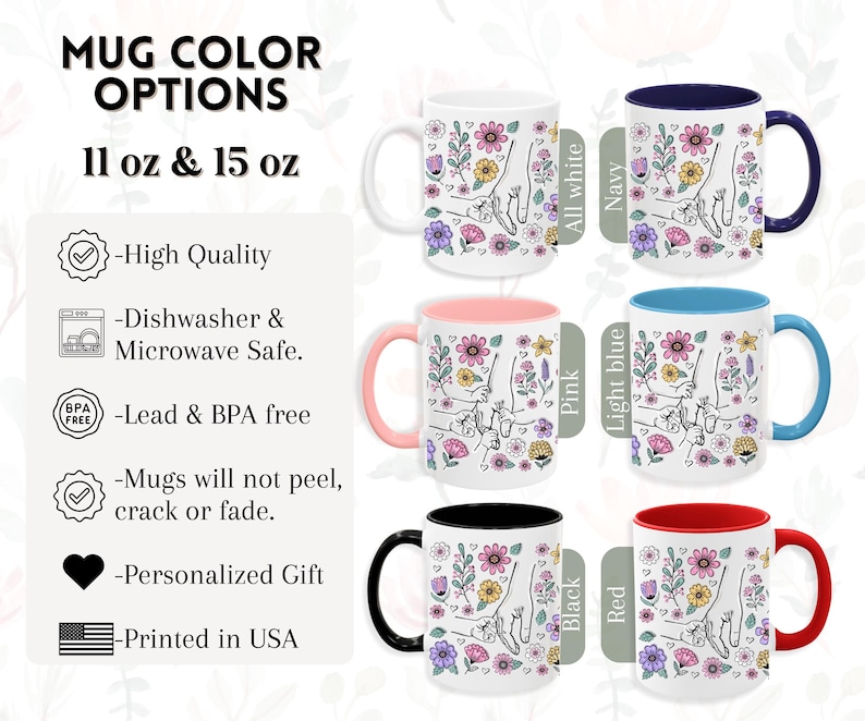 May include: Selection of ceramic mugs in various colours, including white, navy, pink, light blue, black, and red. Each mug features a floral design and is available in 325 ml and 444 ml sizes. The mugs are dishwasher and microwave safe.
