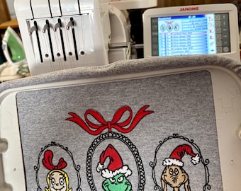 Grinch, Cindy Lou, and Max in frames | Mean One Christmas Embroidered Crewneck Sweatshirt | Max Christmas Crewneck | Whoville Pullover