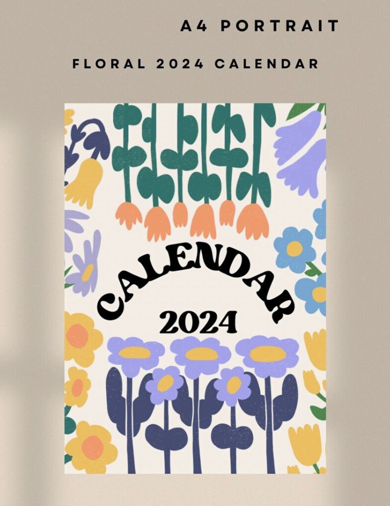 Digital A4 Calendar 2024, Printable Monthly Calendar, Cute Flower
