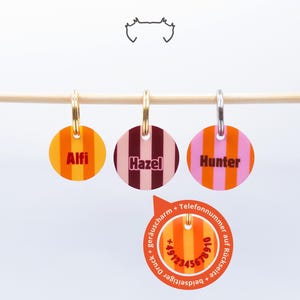 Personalisierte Hundemarke gestreift mit Name + Telefonnummer | geräuschlos, leicht | Acryl | Anhänger für Hund, Katze, Pferd | Geschenk