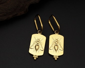 Gold Plated Stainless Steel Oval Hoop Bee Earrings Gold Bee Earrings Gift For Her
