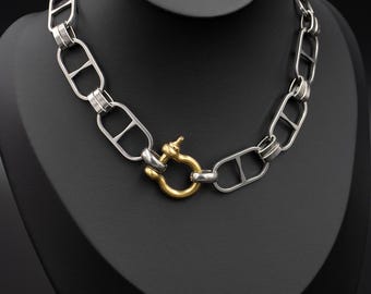 Silver Link Choker Geometric Chain Necklace with Shackle Clasp in Mixed Metals