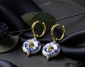 18K Gold Plated Delft Style Porcelain Hoop Earrings Blue and White Ceramic Bead Earring Hoops Silver or Gold Option