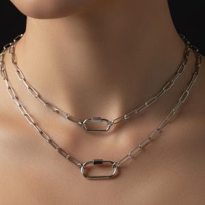 Stainless Steel Paperclip Chain Necklace: Silver Carabiner Clasp Charm Holder