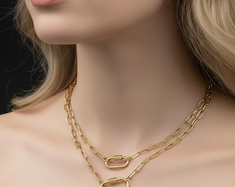 Gold Paperclip Chain Necklace with Carabiner Clasp Stainless Steel Charm Holder Chain PVD Gold Plated