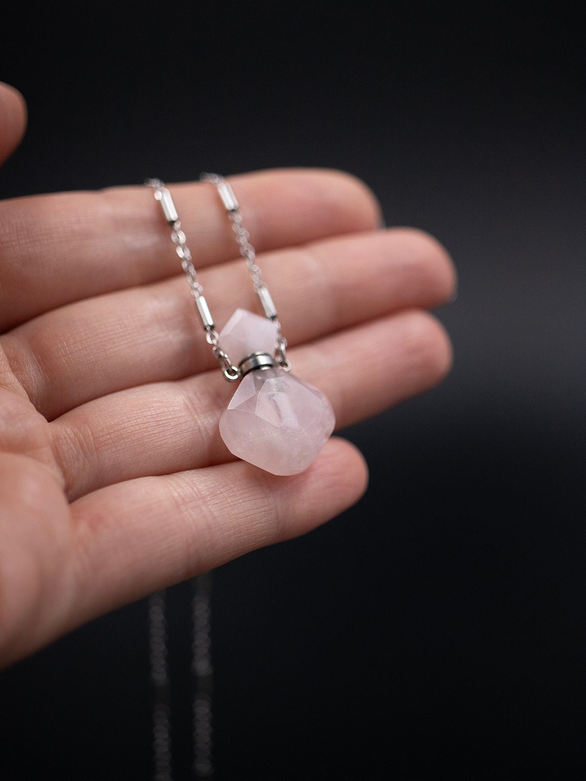 Rose Quartz Perfume Bottle Necklace: Gemstone Vial, Stainless Steel Chain