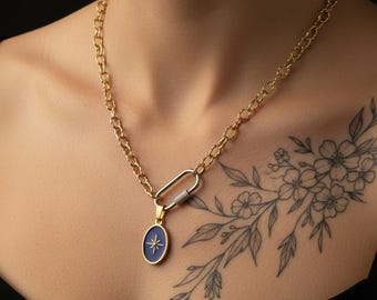 Gold Textured Chain Necklace with Carabiner Clasp and Navy Star Pendant Mixed Metals Celestial Jewellery for Her