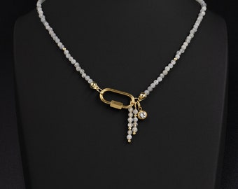 Delicate Labradorite Beaded Choker Necklace: 18K Gold Carabiner Clasp