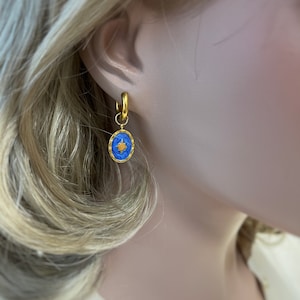 18K Gold Star Hoop Earrings: Blue Enamel Celestial Huggies