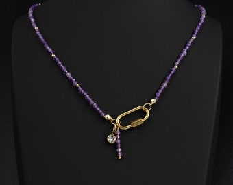 Delicate Amethyst Gemstone Carabiner Necklace Beaded Amethyst Choker