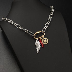 Mixed Metal Stainless Steel Charm Holder Necklace Chunky Carabiner Freedom Chain Necklace