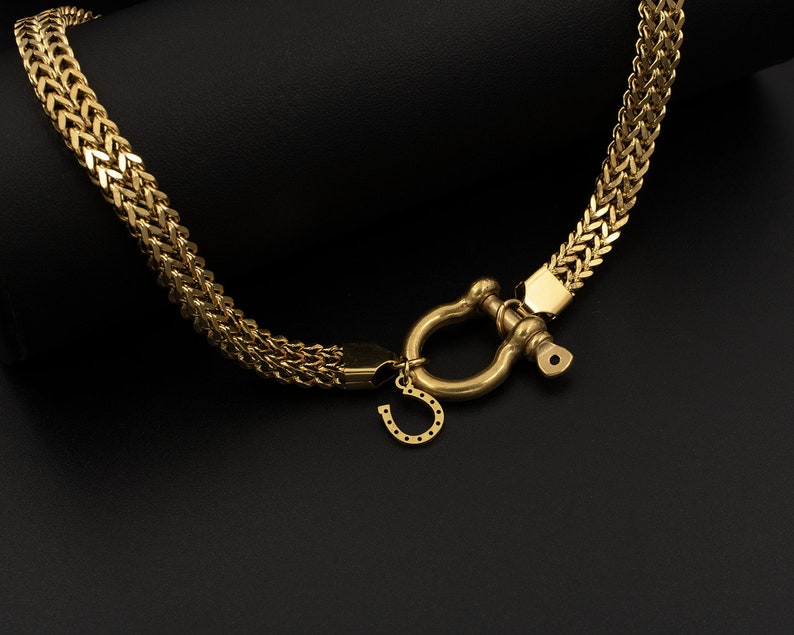 Lucky Gold Horseshoe Shackle Necklace, Chunky Gold Foxtail Chain Choker