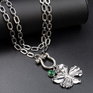 Extra Long Silver Chain Necklace, Wrap-over Necklace, Layering Chain Necklace, Chunky Silver Chain Flower Necklace, Gift for Her