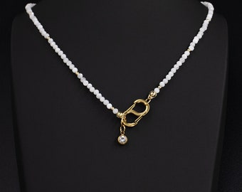 Delicate Moonstone Gemstone Carabiner Necklace Beaded White Moonstone Choker Necklace Gemstone Necklace