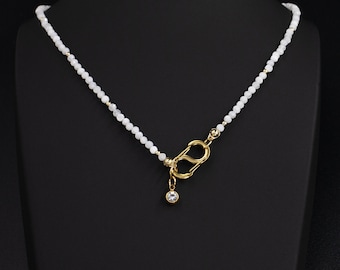 Delicate Moonstone Beaded Choker Necklace: 18K Gold Carabiner Clasp