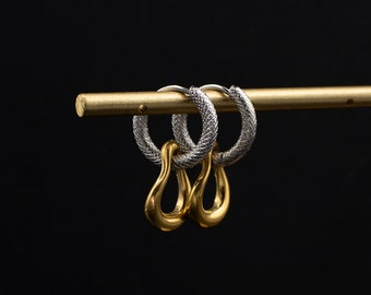 Mixed Metal Hoop Earrings: Silver & Gold Organic Drop Charms