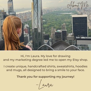 a woman with red hair standing in front of a cityscape