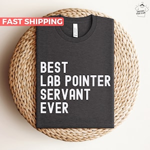 Op de afbeelding: Een donkergrijs T-shirt met de tekst "BEST LAB POINTER SERVANT EVER" in wit.