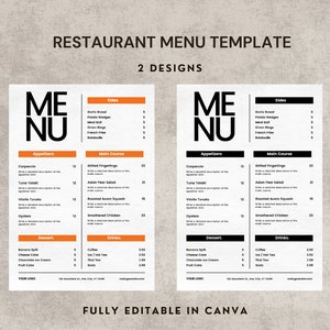 Plantilla de menú de restaurante, plantilla Canva, menú editable, lista de precios, menú tamaño a4, menú moderno, descarga digital, plantilla de comida