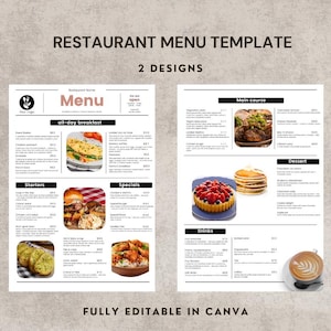 Plantilla de menú de restaurante, plantilla Canva, menú editable, lista de precios, menú tamaño a4, menú de cafetería, diseño de restaurante para desayuno y cena