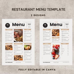 Plantilla de menú de restaurante, plantilla de Canva, menú editable, lista de precios, menú de tamaño A4, menú de cafetería, diseño de restaurante para desayuno y cena