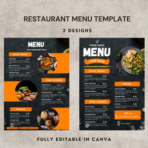 Plantilla de menú de restaurante, plantilla de Canva, menú editable, lista de precios, menú en tamaño A4