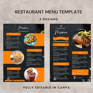 Plantilla de menú de restaurante, plantilla de Canva, menú editable, lista de precios, menú en tamaño A4
