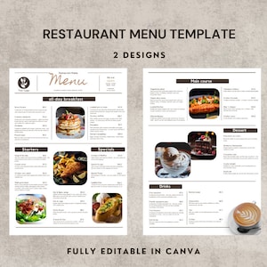 Szablon menu restauracji, szablon Canva, edytowalne menu, cennik, menu w formacie a4, menu kawiarni, projekt restauracji na śniadanie i kolację