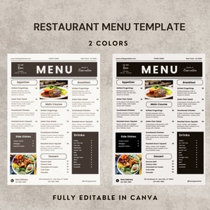 Plantilla de menú de restaurante, plantilla de Canva, menú editable, lista de precios, menú en tamaño A4