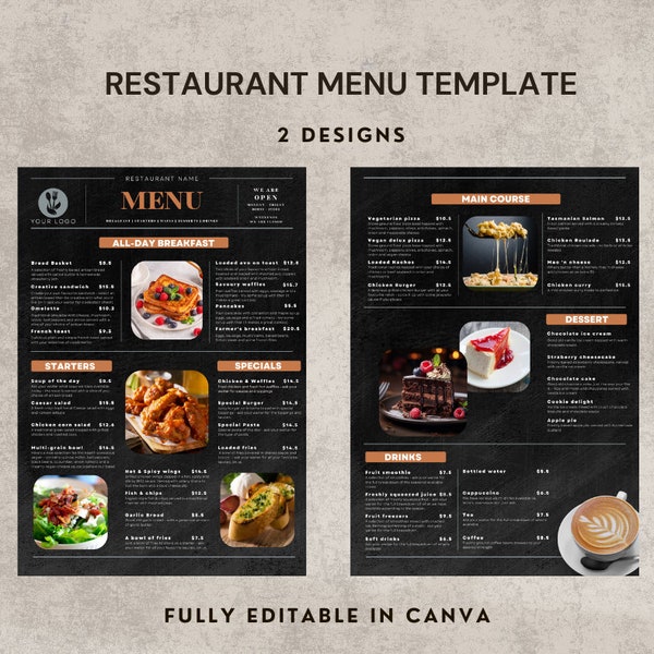 Restaurant Menu Template, Canva Template, Editable Menu, Price list, a4 Size Menu, Cafe Menu, Restaurant Design for Breakfast & Dinner