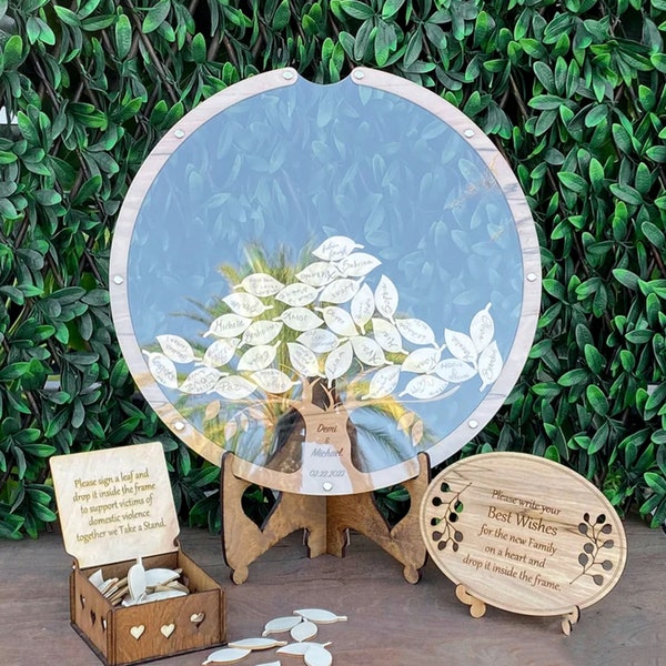 Livre d'or de mariage rond en acrylique, boîte à cartes en bois Alternative, décorations de feuilles de bois 60/80, décoration de mariage, cadeau pour lui