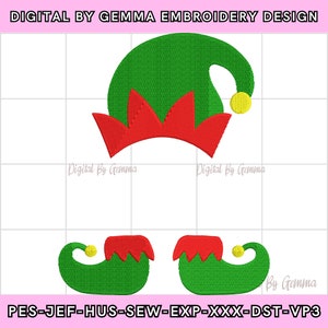 May include: Green elf hat with a red brim and a yellow pom-pom, and two green elf shoes with red trim and yellow pom-poms. The text "DIGITAL BY GEMMA EMBROIDERY DESIGN" is at the top. The text "PES-JEF-HUS-SEW-EXP-XXX-DST-VP3" is at the bottom.