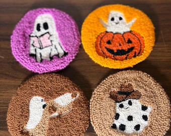 Handmade Punch Needle Ghost Coaster Set - Spooky Halloween Decor