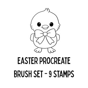 May include: Black and white illustration of a cartoon chick wearing a bow tie. The text "EASTER PROCREATE BRUSH SET - 9 STAMPS" is below the chick. The chick has large eyes and a smiling beak.