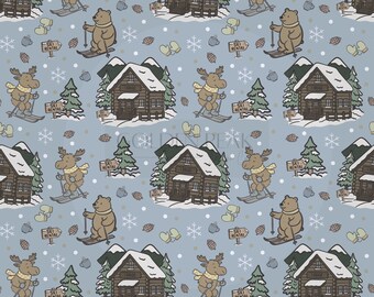 May include: A repeating pattern on a light blue background featuring cartoon illustrations of a cabin, a bear skiing, a moose skiing, pine trees, snowflakes, mittens, and pine cones. The cabin has a snow-covered roof.