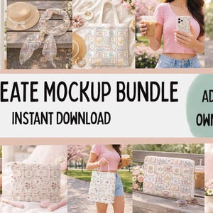 May include: A collection of lifestyle product mockups, including tote bags, scarves, hats, and a water bottle, all featuring a repeating pattern. The image also includes the text "Procreate Mockup Bundle" and "Instant Download".